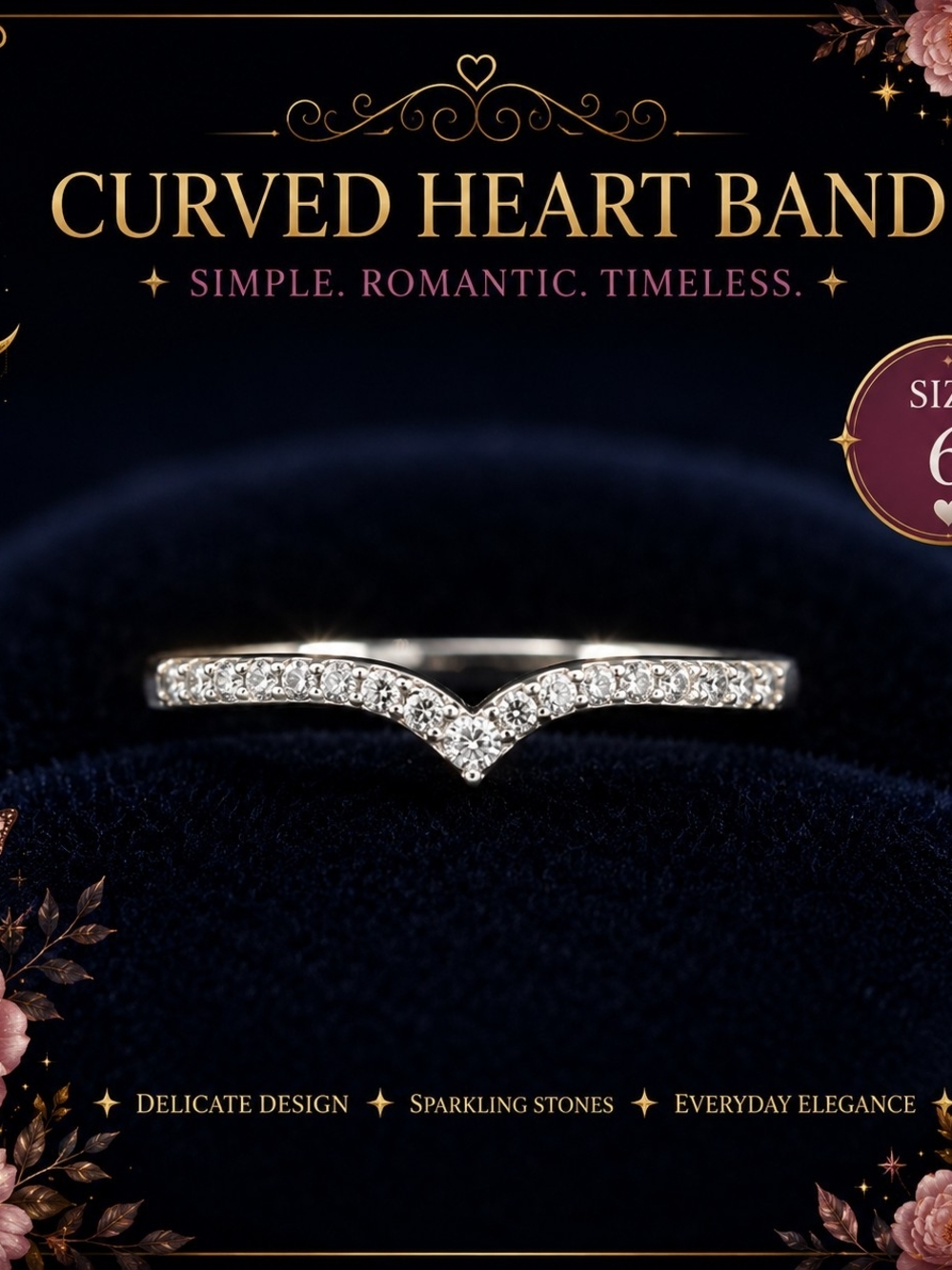 Curved Heart Band Ring in Silver Sparkling Stones Sapphire Blue Sides Size 6!